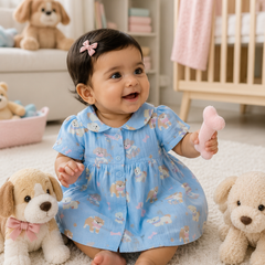 Hungry Me Blue Dress with Short Sleeves and Cute Collar | Premium Crinkled Double Layered Muslin Fabric