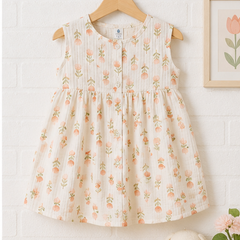 Lotus Stem Girls Dress | Sleeveless | Premium Crinkled Double Layered Muslin Fabric