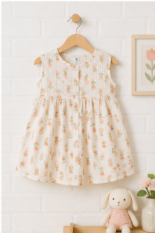 Lotus Stem Girls Dress | Sleeveless | Premium Crinkled Double Layered Muslin Fabric