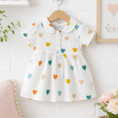 Girls Dress with Short Sleeves and Cute Collar | Premium Crinkled Double Layered Muslin Fabric - Design 12