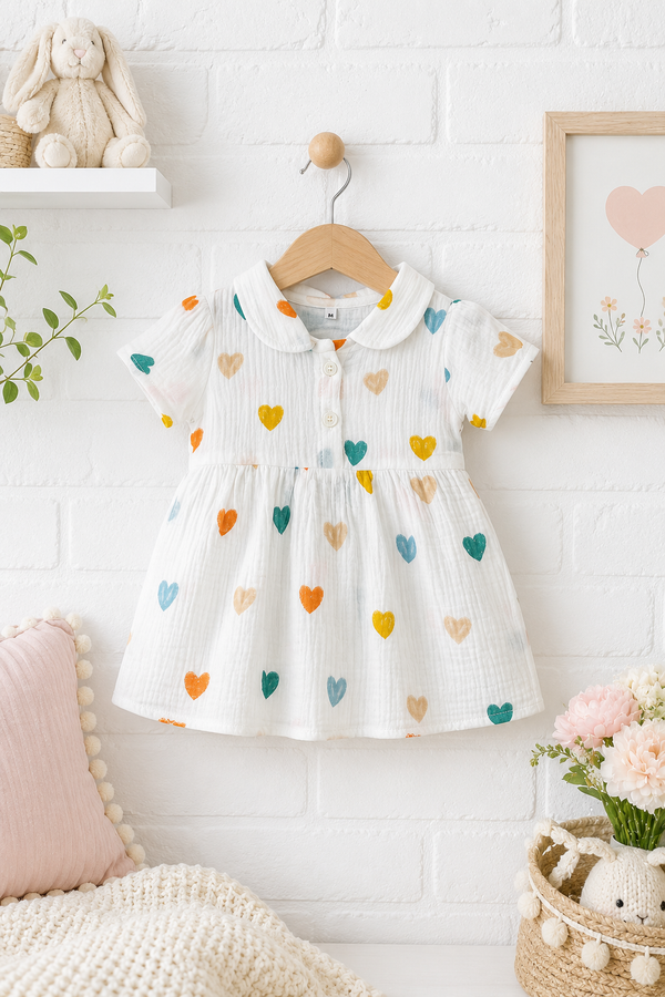Girls Dress with Short Sleeves and Cute Collar | Premium Crinkled Double Layered Muslin Fabric - Design 12