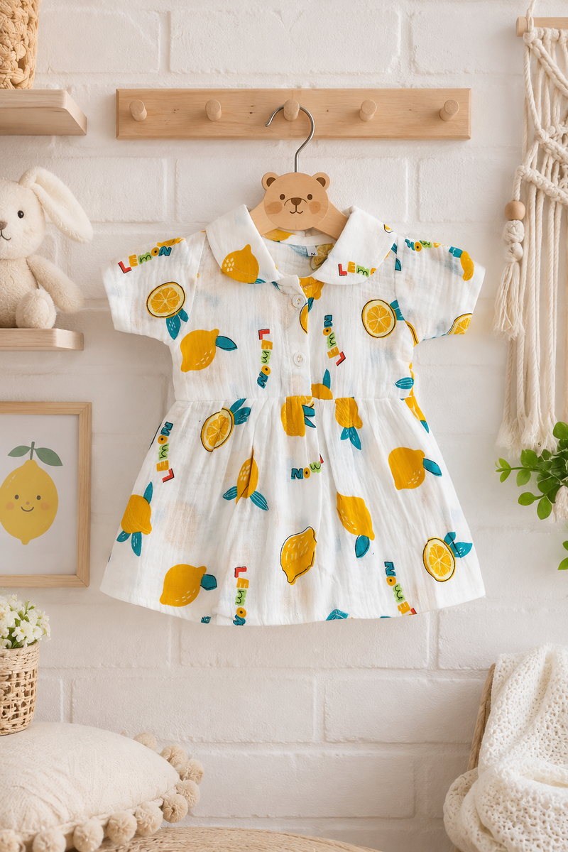 Girls Dress with Short Sleeves and Cute Collar | Premium Crinkled Double Layered Muslin Fabric - Design 3