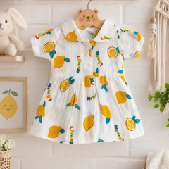 Girls Dress with Short Sleeves and Cute Collar | Premium Crinkled Double Layered Muslin Fabric - Design 3