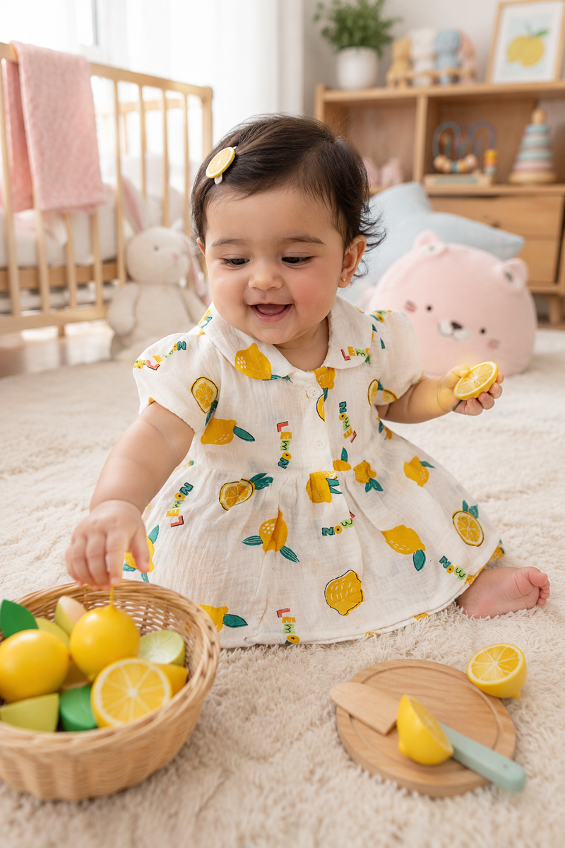 Girls Dress with Short Sleeves and Cute Collar | Premium Crinkled Double Layered Muslin Fabric - Design 3