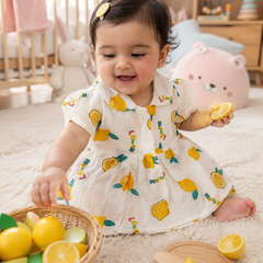 Girls Dress with Short Sleeves and Cute Collar | Premium Crinkled Double Layered Muslin Fabric - Design 3