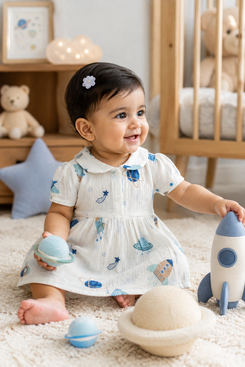 Girls Dress with Short Sleeves and Cute Collar | Premium Crinkled Double Layered Muslin Fabric - Design 4