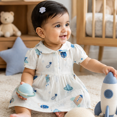 Girls Dress with Short Sleeves and Cute Collar | Premium Crinkled Double Layered Muslin Fabric - Design 4