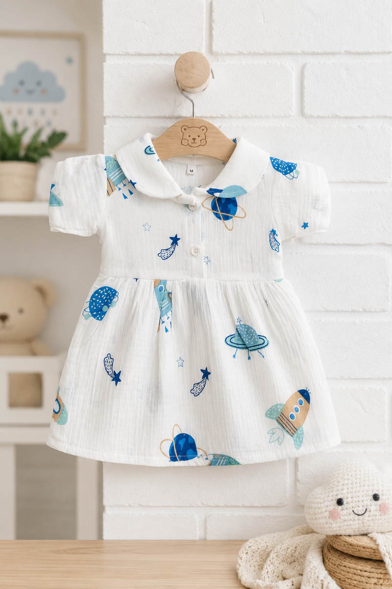 Girls Dress with Short Sleeves and Cute Collar | Premium Crinkled Double Layered Muslin Fabric - Design 4