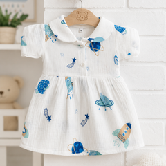 Girls Dress with Short Sleeves and Cute Collar | Premium Crinkled Double Layered Muslin Fabric - Design 4