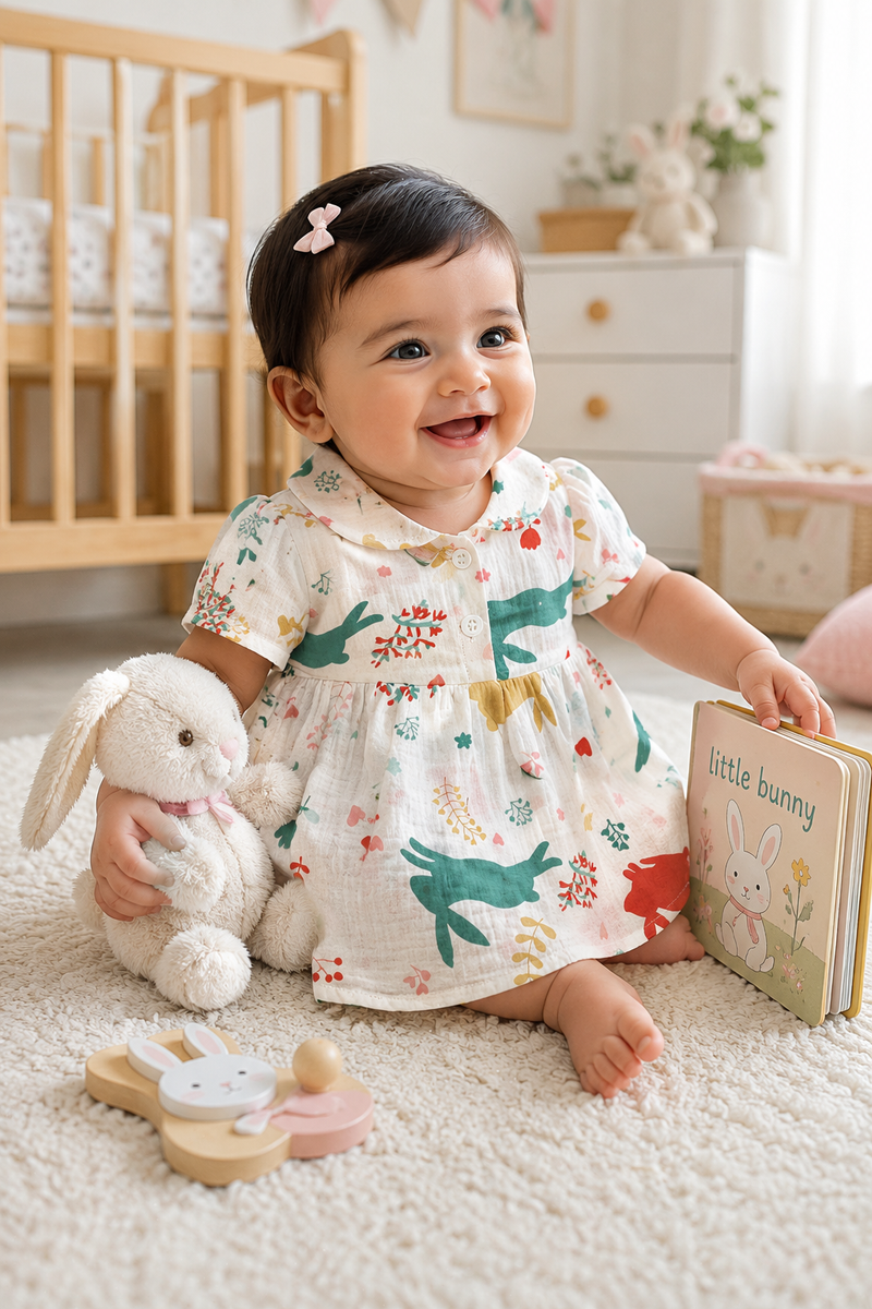Girls Dress with Short Sleeves and Cute Collar | Premium Crinkled Double Layered Muslin Fabric - Design 1