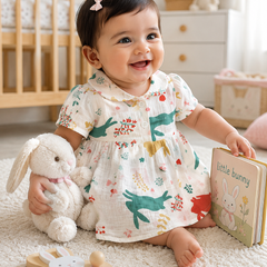 Girls Dress with Short Sleeves and Cute Collar | Premium Crinkled Double Layered Muslin Fabric - Design 1