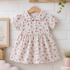 Girls Dress with Short Sleeves and Cute Collar | Premium Crinkled Double Layered Muslin Fabric - Design 5