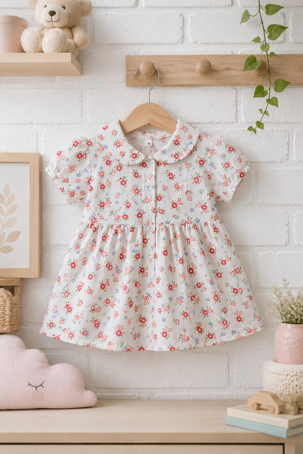 Girls Dress with Short Sleeves and Cute Collar | Premium Crinkled Double Layered Muslin Fabric - Design 5