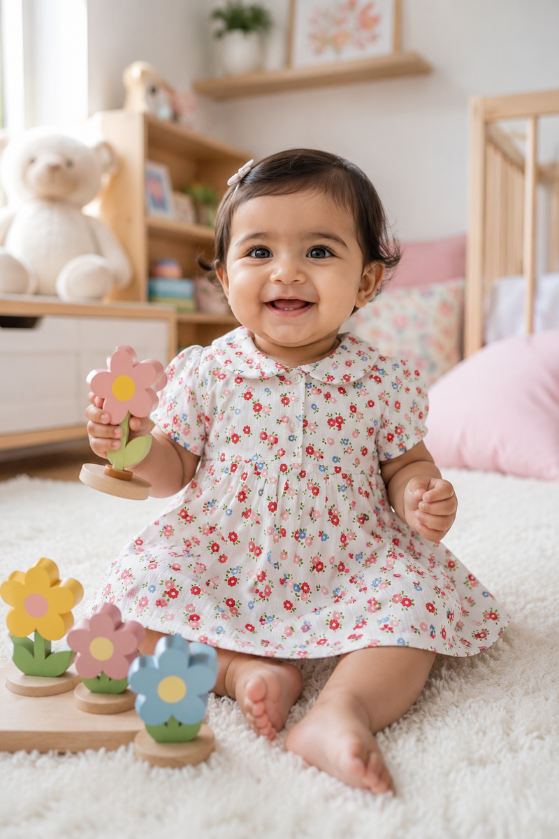 Girls Dress with Short Sleeves and Cute Collar | Premium Crinkled Double Layered Muslin Fabric - Design 5