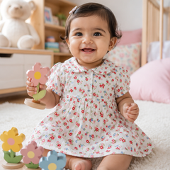 Girls Dress with Short Sleeves and Cute Collar | Premium Crinkled Double Layered Muslin Fabric - Design 5