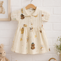 Girls Dress with Short Sleeves and Cute Collar | Premium Crinkled Double Layered Muslin Fabric - Design 6