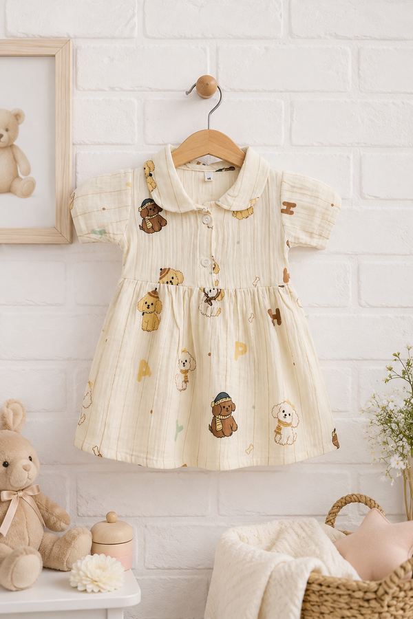 Girls Dress with Short Sleeves and Cute Collar | Premium Crinkled Double Layered Muslin Fabric - Design 6