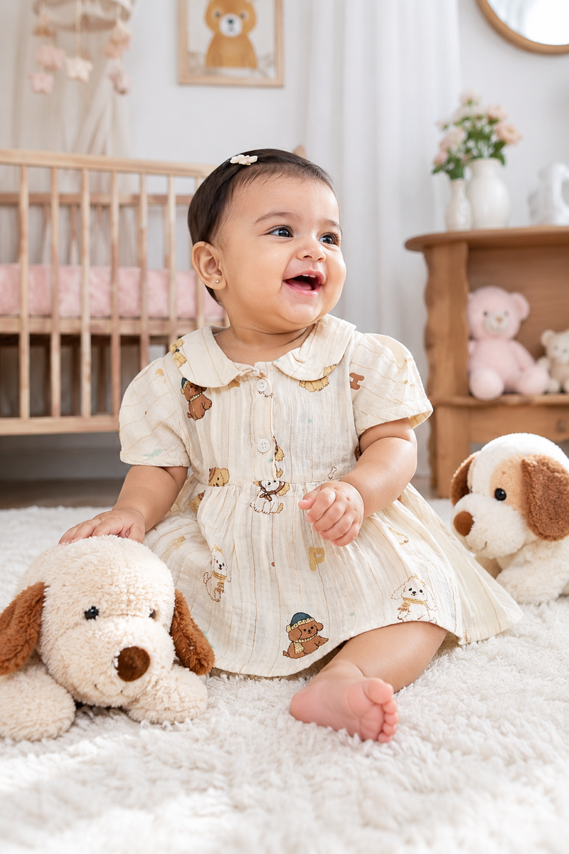 Girls Dress with Short Sleeves and Cute Collar | Premium Crinkled Double Layered Muslin Fabric - Design 6