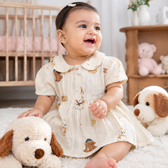 Girls Dress with Short Sleeves and Cute Collar | Premium Crinkled Double Layered Muslin Fabric - Design 6