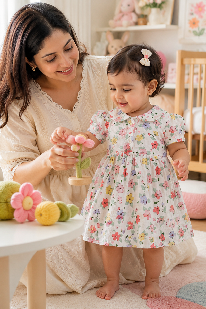 Girls Dress with Short Sleeves and Cute Collar | Premium Crinkled Double Layered Muslin Fabric - Design 7