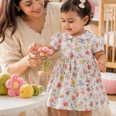 Girls Dress with Short Sleeves and Cute Collar | Premium Crinkled Double Layered Muslin Fabric - Design 7