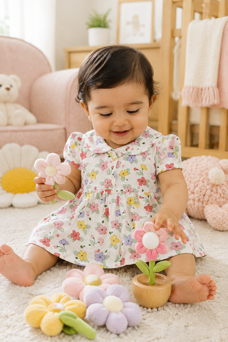 Girls Dress with Short Sleeves and Cute Collar | Premium Crinkled Double Layered Muslin Fabric - Design 7
