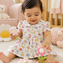 Girls Dress with Short Sleeves and Cute Collar | Premium Crinkled Double Layered Muslin Fabric - Design 7