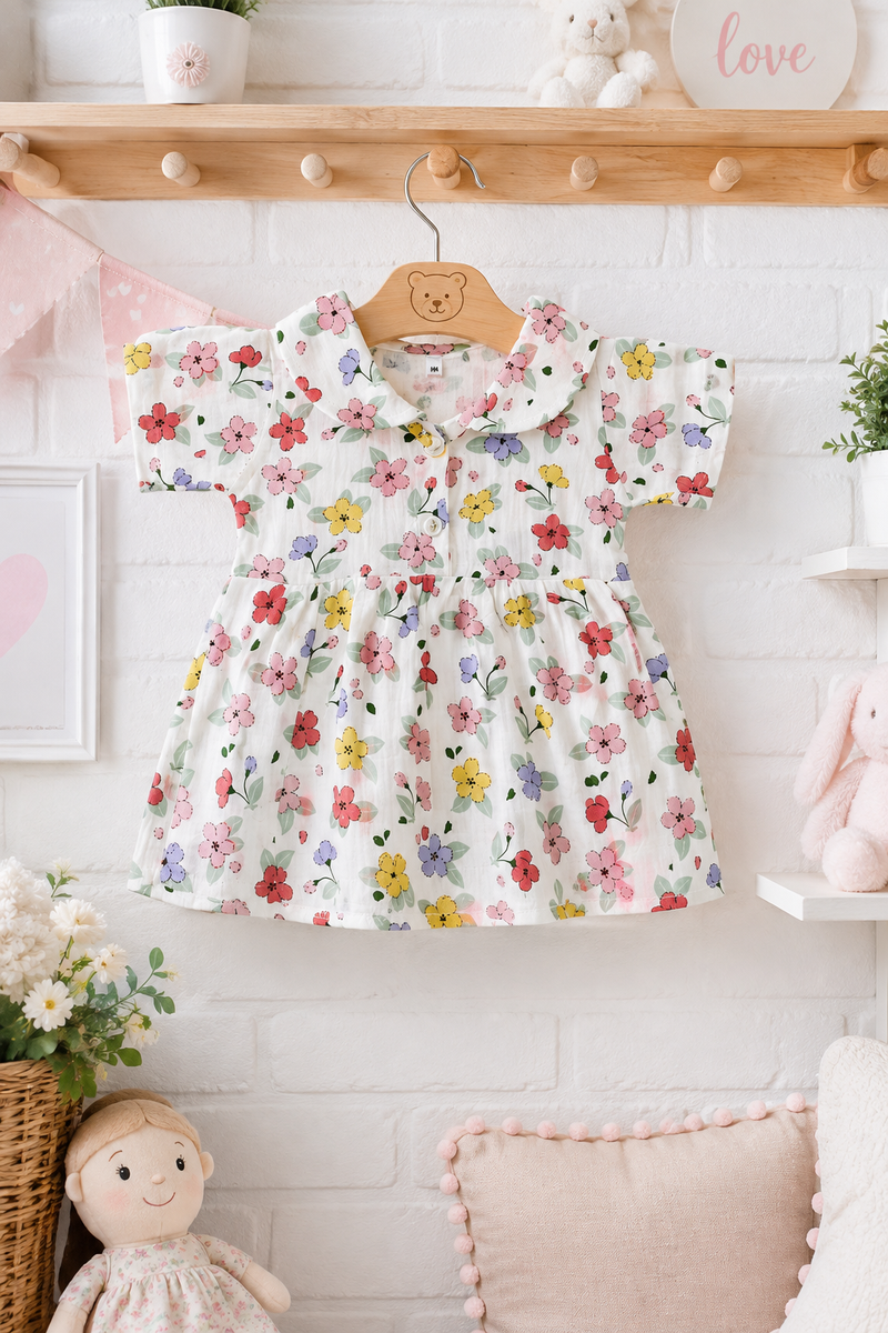 Girls Dress with Short Sleeves and Cute Collar | Premium Crinkled Double Layered Muslin Fabric - Design 7