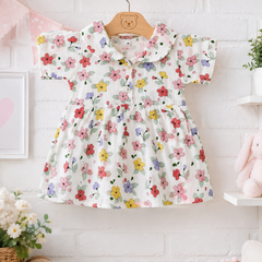 Girls Dress with Short Sleeves and Cute Collar | Premium Crinkled Double Layered Muslin Fabric - Design 7