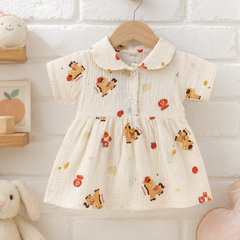 Girls Dress with Short Sleeves and Cute Collar | Premium Crinkled Double Layered Muslin Fabric - Design 8