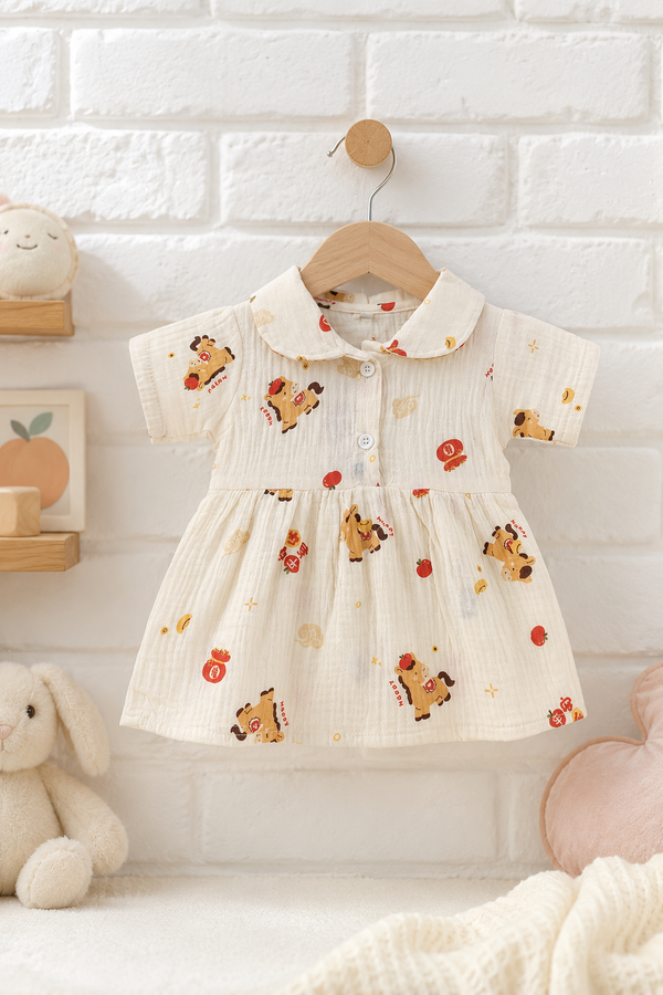 Girls Dress with Short Sleeves and Cute Collar | Premium Crinkled Double Layered Muslin Fabric - Design 8