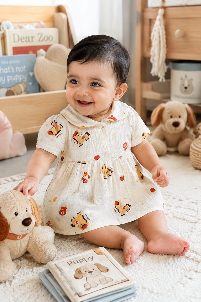 Girls Dress with Short Sleeves and Cute Collar | Premium Crinkled Double Layered Muslin Fabric - Design 8