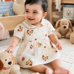 Girls Dress with Short Sleeves and Cute Collar | Premium Crinkled Double Layered Muslin Fabric - Design 8