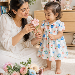 Girls Dress with Short Sleeves and Cute Collar | Premium Crinkled Double Layered Muslin Fabric - Design 9