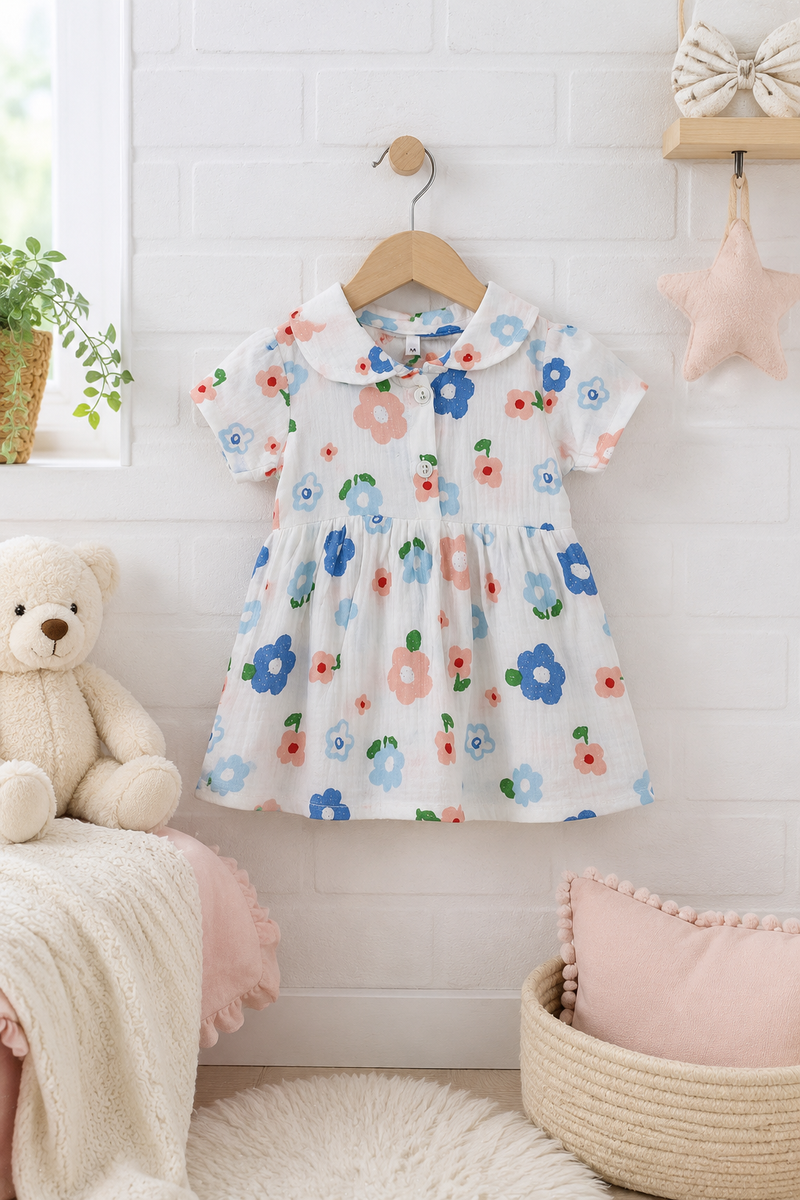 Girls Dress with Short Sleeves and Cute Collar | Premium Crinkled Double Layered Muslin Fabric - Design 9