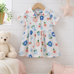 Girls Dress with Short Sleeves and Cute Collar | Premium Crinkled Double Layered Muslin Fabric - Design 9