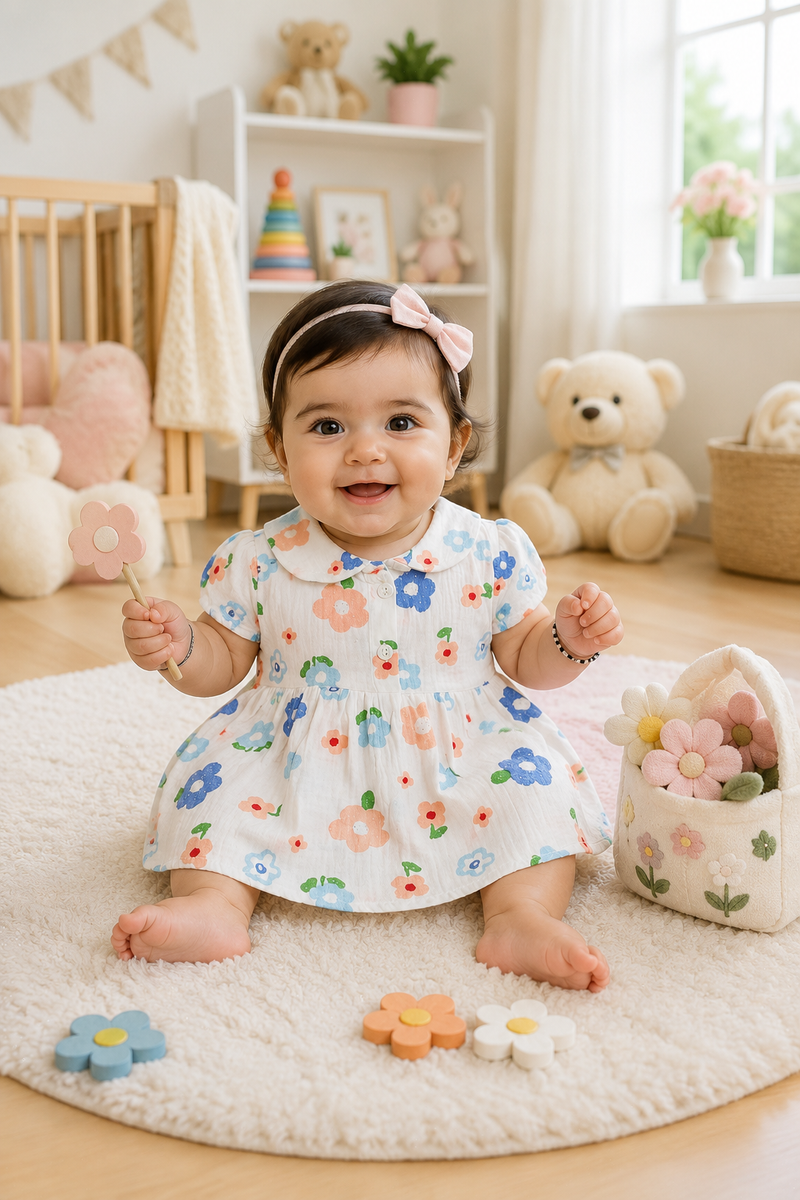 Girls Dress with Short Sleeves and Cute Collar | Premium Crinkled Double Layered Muslin Fabric - Design 9