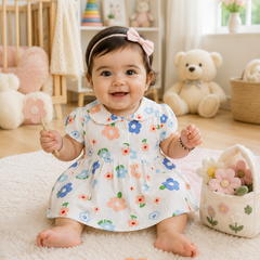 Girls Dress with Short Sleeves and Cute Collar | Premium Crinkled Double Layered Muslin Fabric - Design 9