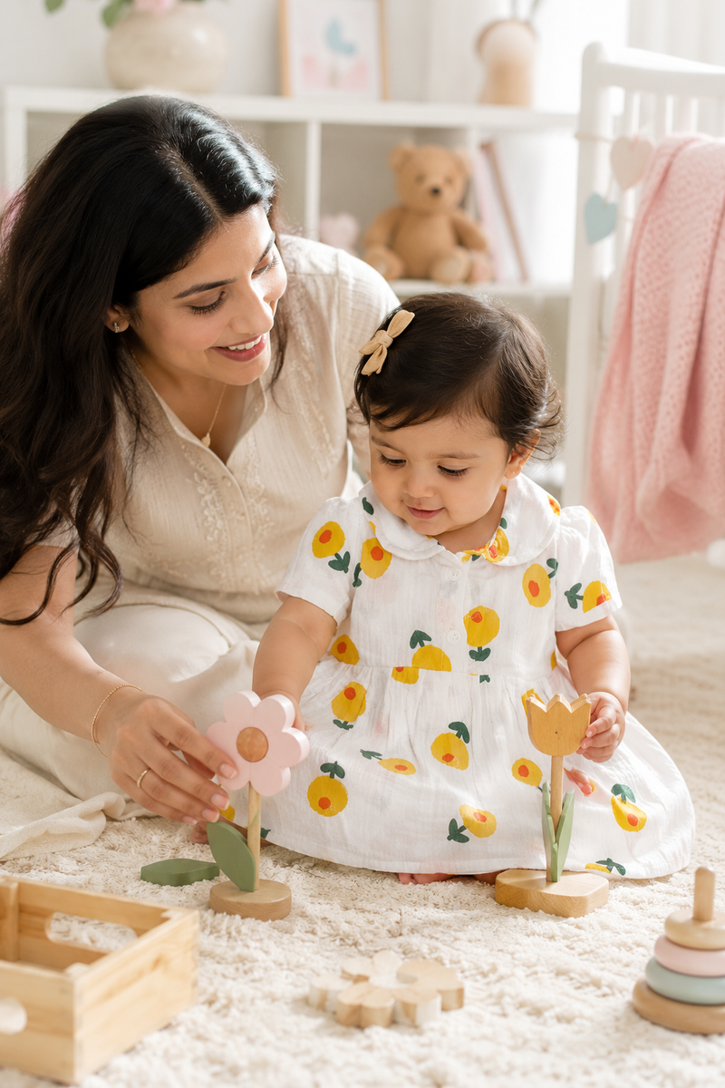 Girls Dress with Short Sleeves and Cute Collar | Premium Crinkled Double Layered Muslin Fabric - Design 10