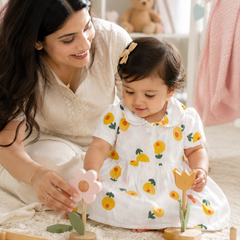 Girls Dress with Short Sleeves and Cute Collar | Premium Crinkled Double Layered Muslin Fabric - Design 10