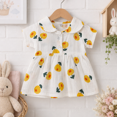 Girls Dress with Short Sleeves and Cute Collar | Premium Crinkled Double Layered Muslin Fabric - Design 10