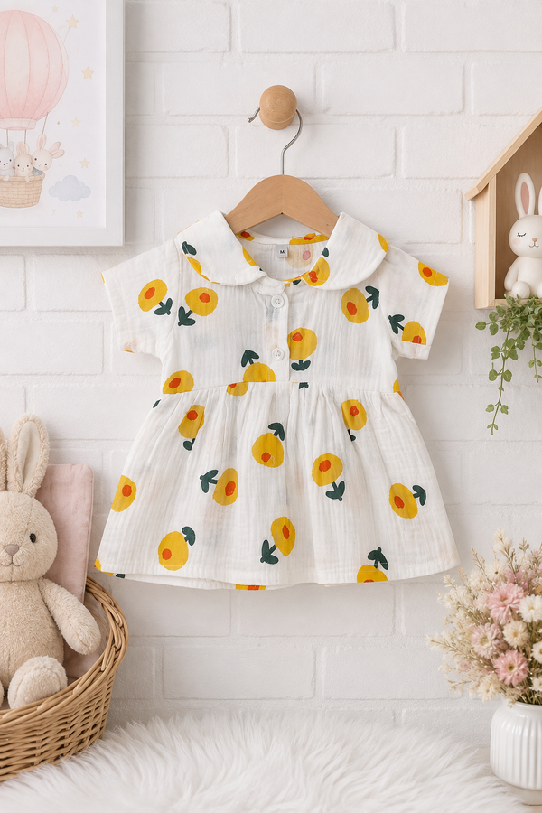 Girls Dress with Short Sleeves and Cute Collar | Premium Crinkled Double Layered Muslin Fabric - Design 10