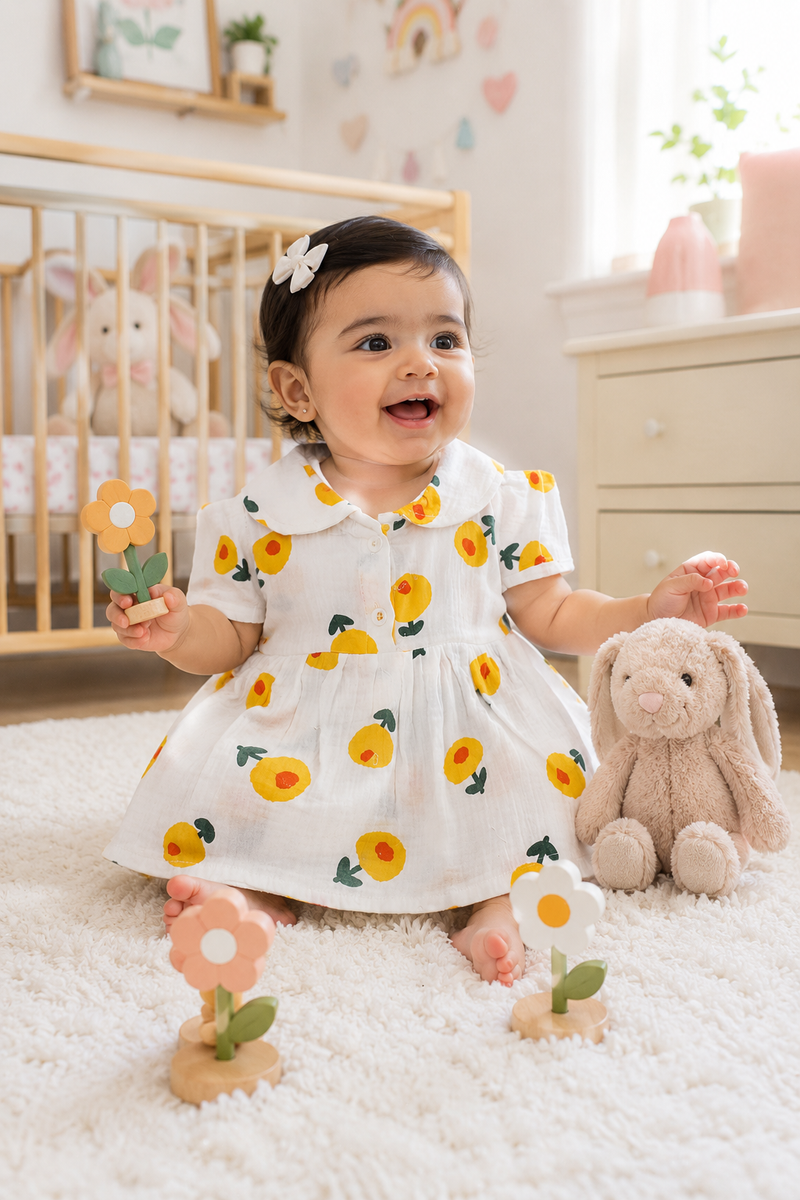 Girls Dress with Short Sleeves and Cute Collar | Premium Crinkled Double Layered Muslin Fabric - Design 10