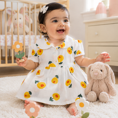 Girls Dress with Short Sleeves and Cute Collar | Premium Crinkled Double Layered Muslin Fabric - Design 10