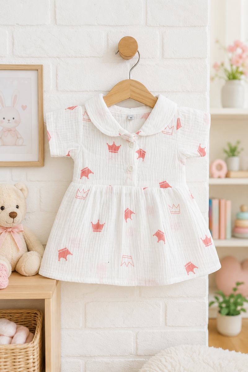Girls Dress with Short Sleeves and Cute Collar | Premium Crinkled Double Layered Muslin Fabric - Design 11