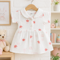 Girls Dress with Short Sleeves and Cute Collar | Premium Crinkled Double Layered Muslin Fabric - Design 11