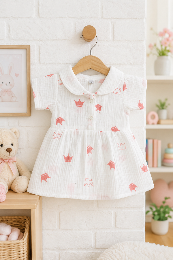 Girls Dress with Short Sleeves and Cute Collar | Premium Crinkled Double Layered Muslin Fabric - Design 11