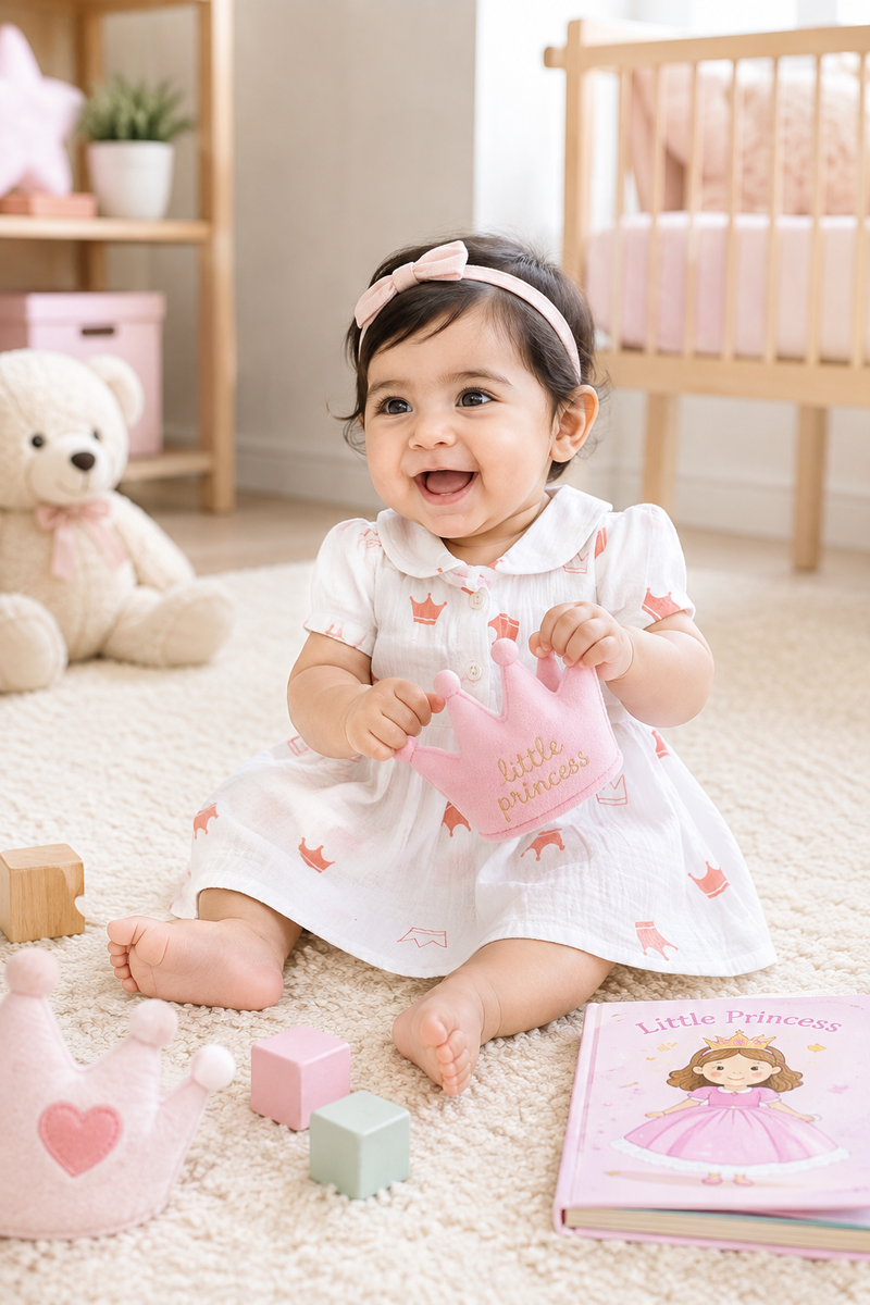Girls Dress with Short Sleeves and Cute Collar | Premium Crinkled Double Layered Muslin Fabric - Design 11