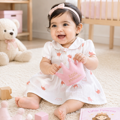 Girls Dress with Short Sleeves and Cute Collar | Premium Crinkled Double Layered Muslin Fabric - Design 11