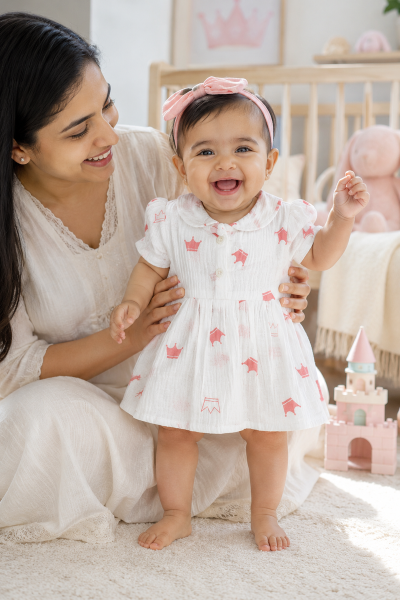 Girls Dress with Short Sleeves and Cute Collar | Premium Crinkled Double Layered Muslin Fabric - Design 11